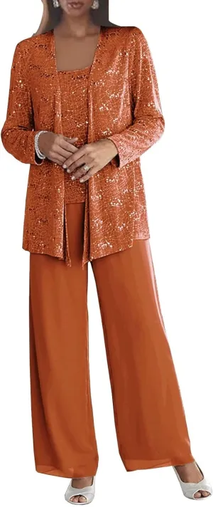 Dressy Pant Suits for Wedding Sparkly Sequin Outfit with Sleeves 3 Pieces Mother of The Bride with Jacket for Women