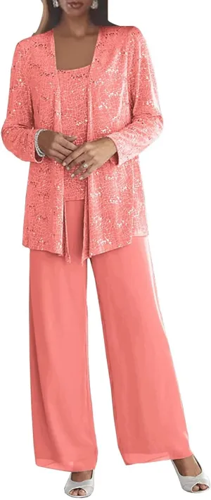 Dressy Pant Suits for Wedding Sparkly Sequin Outfit with Sleeves 3 Pieces Mother of The Bride with Jacket for Women