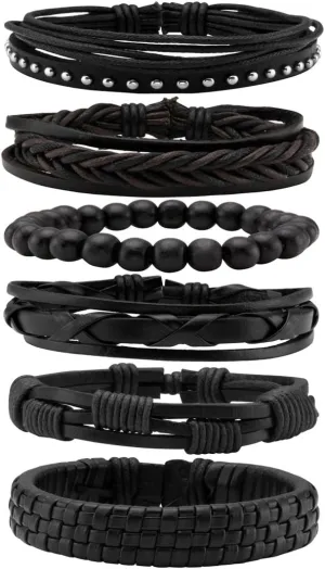 Eigso Unisex PU Leather Punk Bangles Cuff Set for Men Women Wooden Bead Link Braclet Snap Adjustable