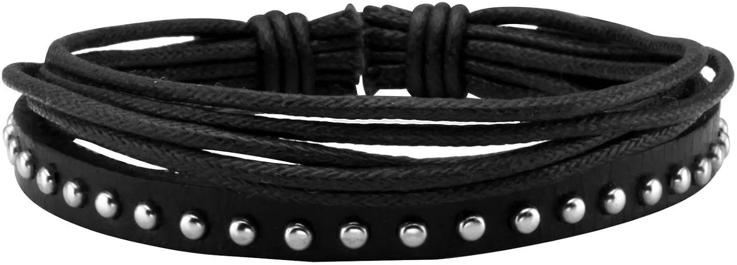 Eigso Unisex PU Leather Punk Bangles Cuff Set for Men Women Wooden Bead Link Braclet Snap Adjustable