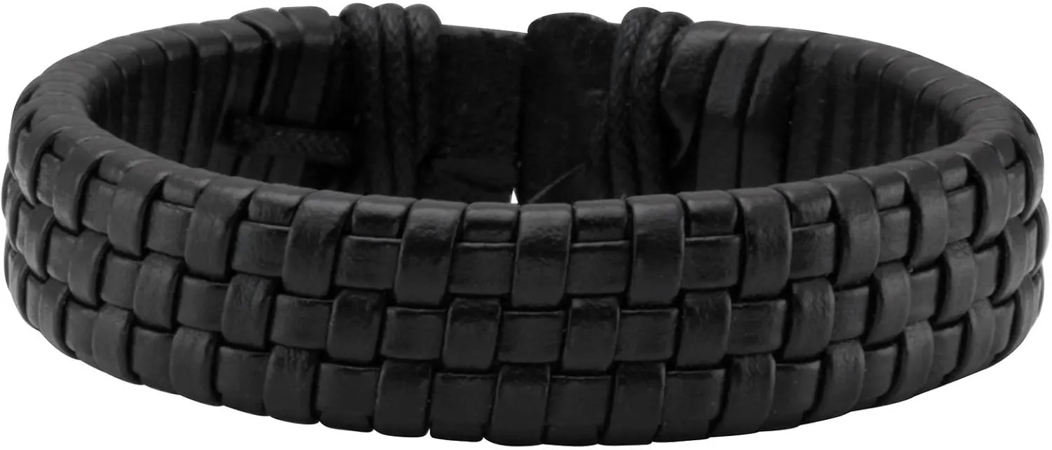 Eigso Unisex PU Leather Punk Bangles Cuff Set for Men Women Wooden Bead Link Braclet Snap Adjustable