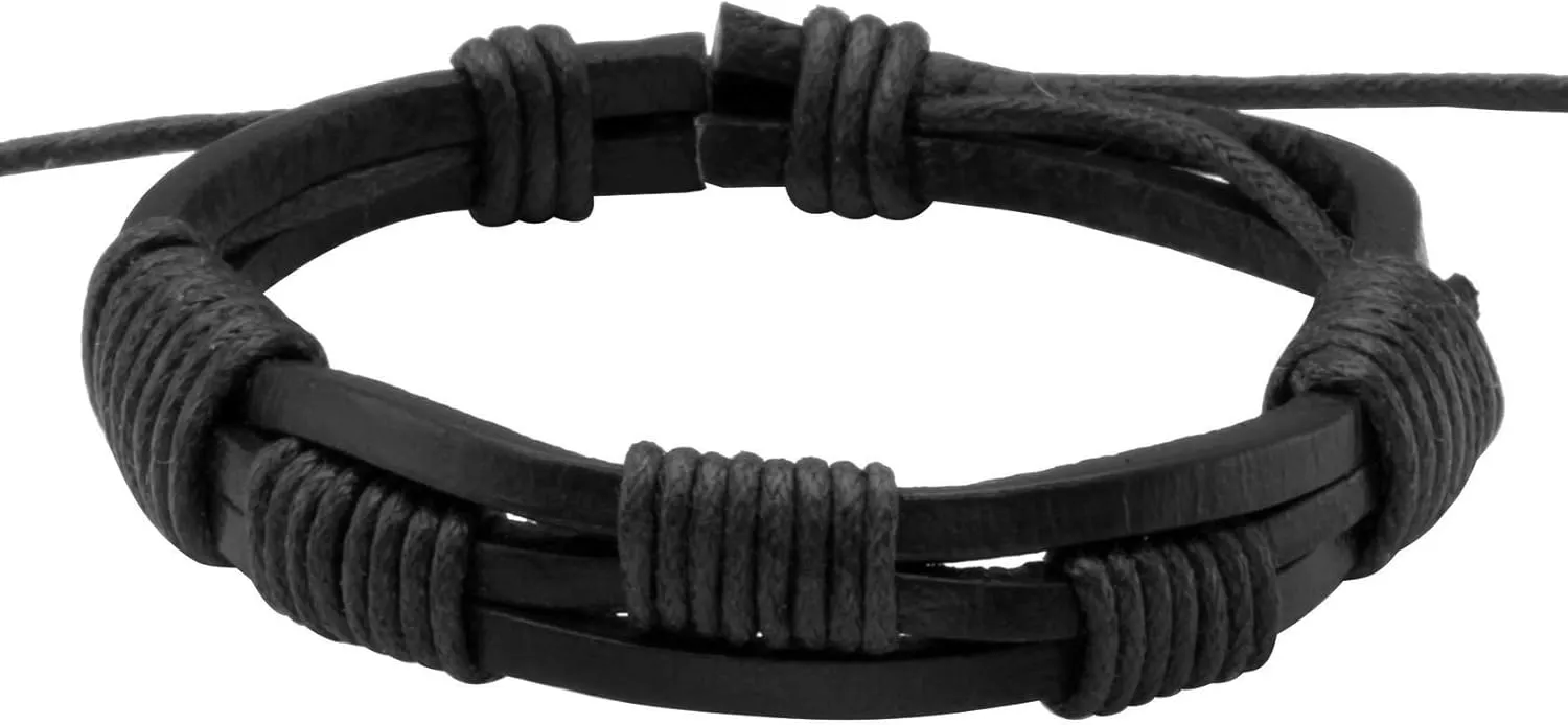 Eigso Unisex PU Leather Punk Bangles Cuff Set for Men Women Wooden Bead Link Braclet Snap Adjustable
