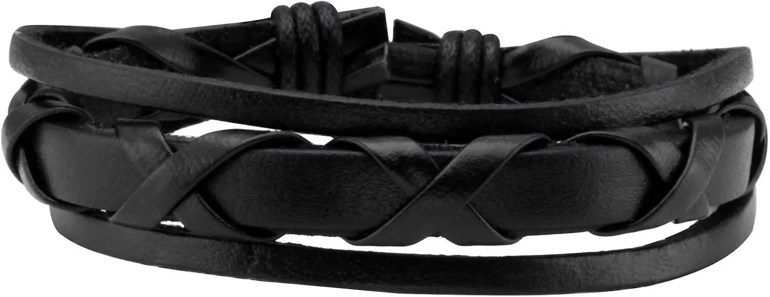 Eigso Unisex PU Leather Punk Bangles Cuff Set for Men Women Wooden Bead Link Braclet Snap Adjustable