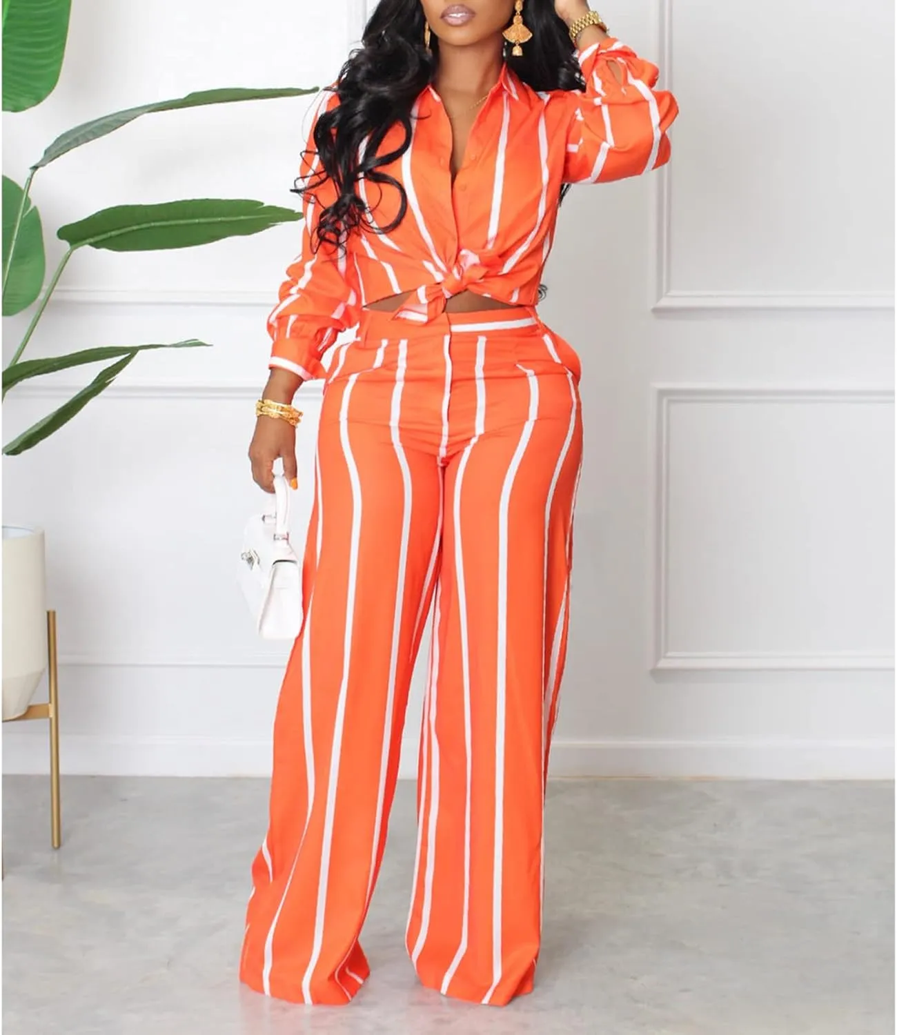 Elainone Women's 2 Piece Outfits Stripe Long Sleeve Button Down Shirt Wide Leg Long Pants with Pockets