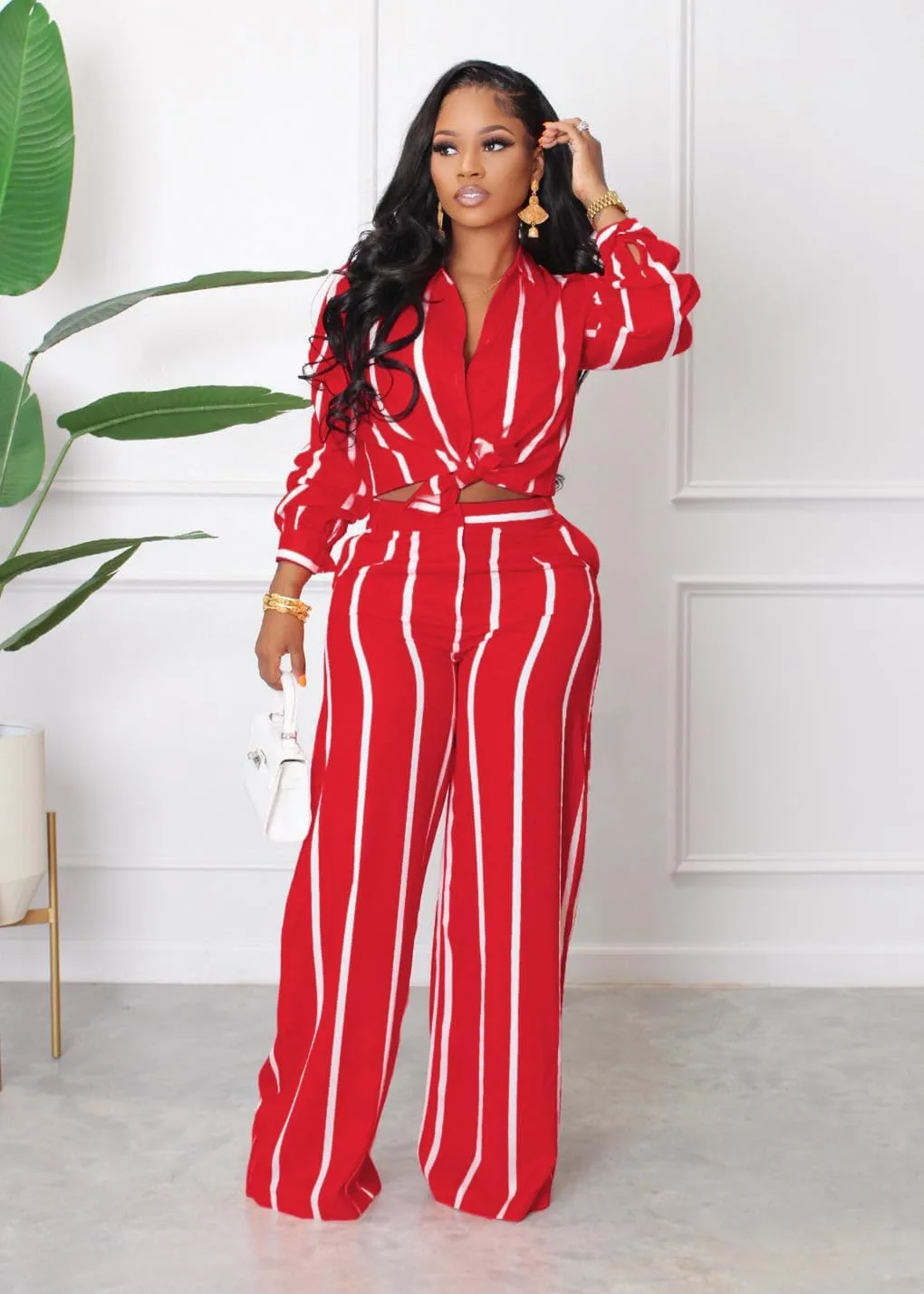 Elainone Women's 2 Piece Outfits Stripe Long Sleeve Button Down Shirt Wide Leg Long Pants with Pockets