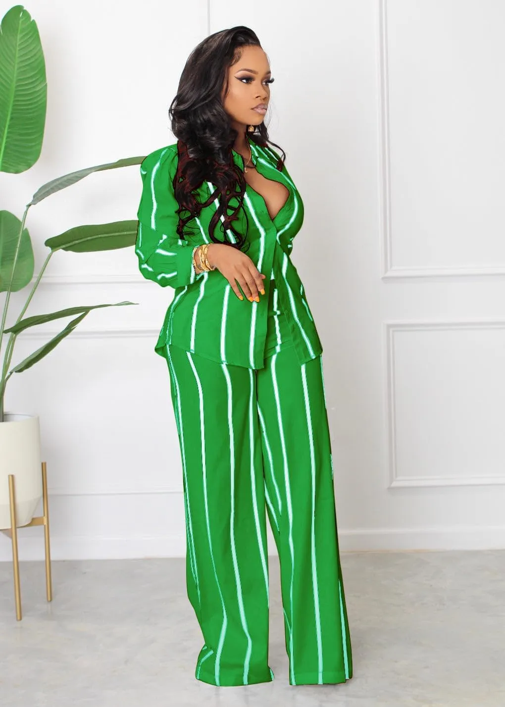 Elainone Women's 2 Piece Outfits Stripe Long Sleeve Button Down Shirt Wide Leg Long Pants with Pockets