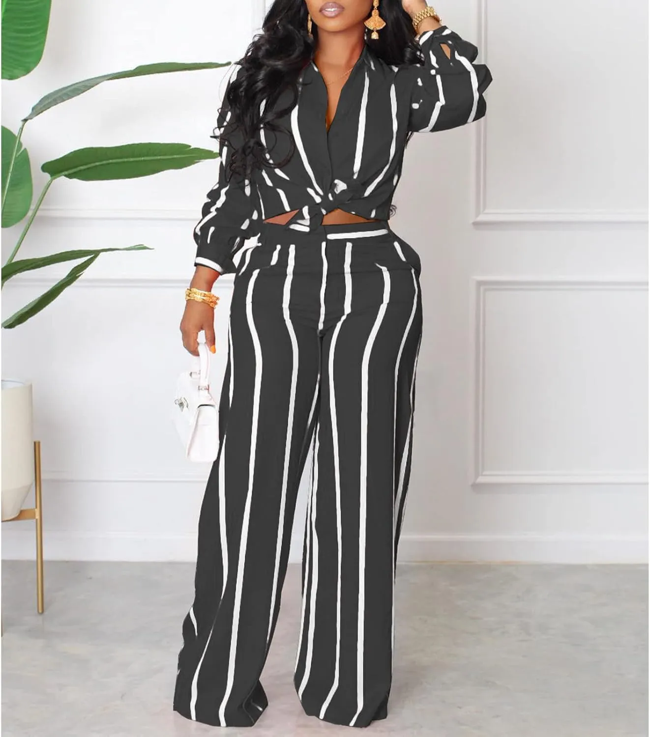 Elainone Women's 2 Piece Outfits Stripe Long Sleeve Button Down Shirt Wide Leg Long Pants with Pockets