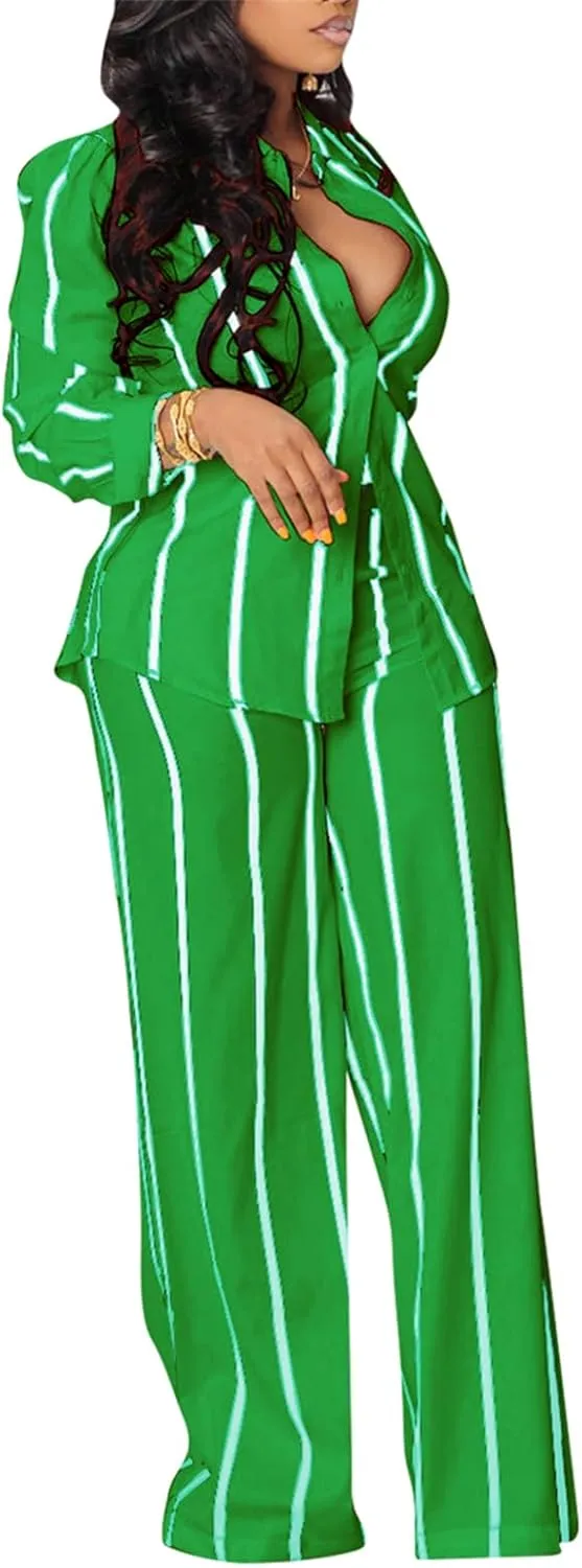 Elainone Women's 2 Piece Outfits Stripe Long Sleeve Button Down Shirt Wide Leg Long Pants with Pockets