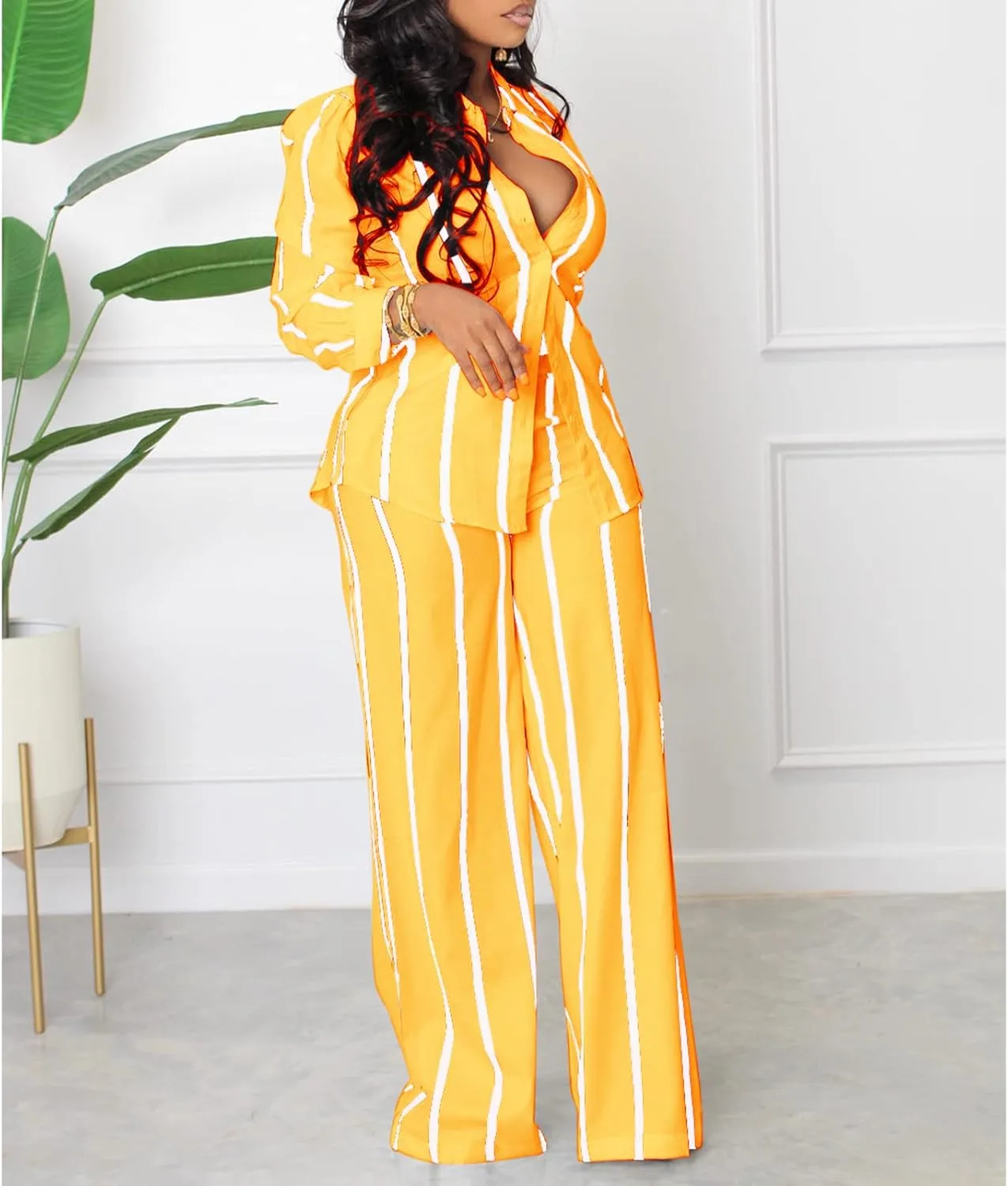 Elainone Women's 2 Piece Outfits Stripe Long Sleeve Button Down Shirt Wide Leg Long Pants with Pockets