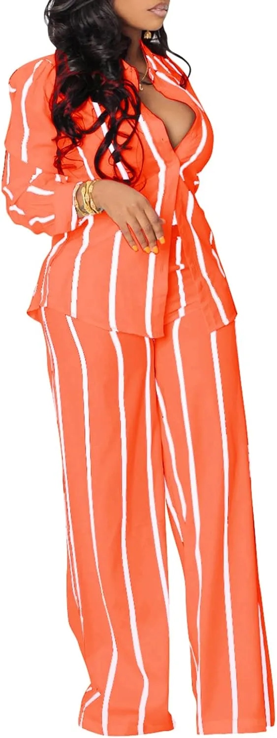 Elainone Women's 2 Piece Outfits Stripe Long Sleeve Button Down Shirt Wide Leg Long Pants with Pockets