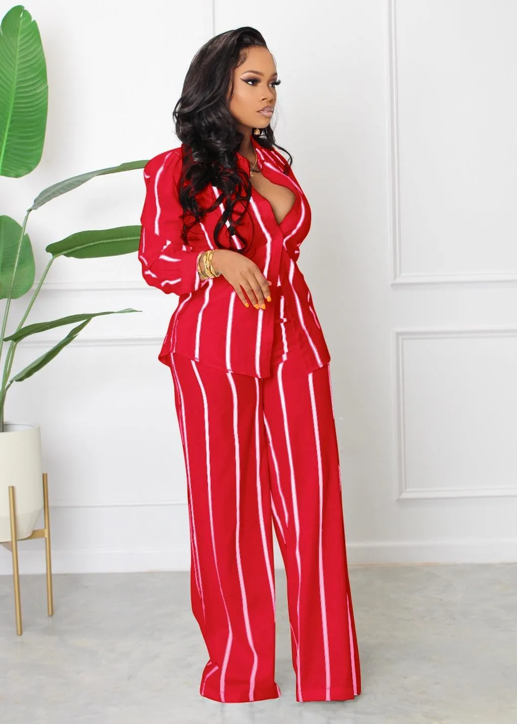 Elainone Women's 2 Piece Outfits Stripe Long Sleeve Button Down Shirt Wide Leg Long Pants with Pockets
