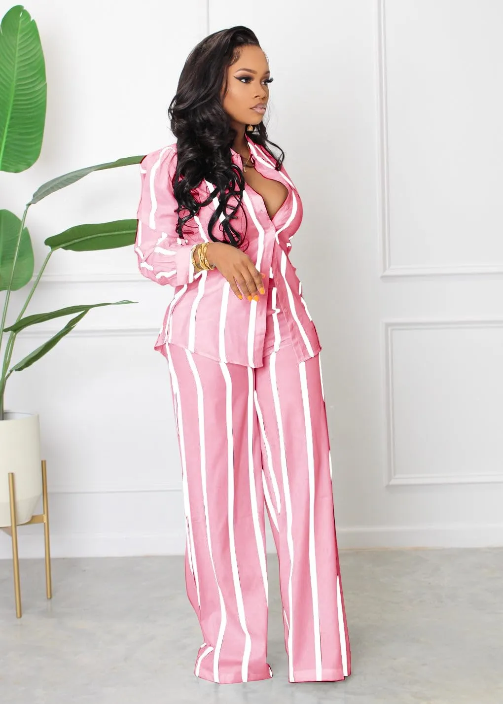 Elainone Women's 2 Piece Outfits Stripe Long Sleeve Button Down Shirt Wide Leg Long Pants with Pockets