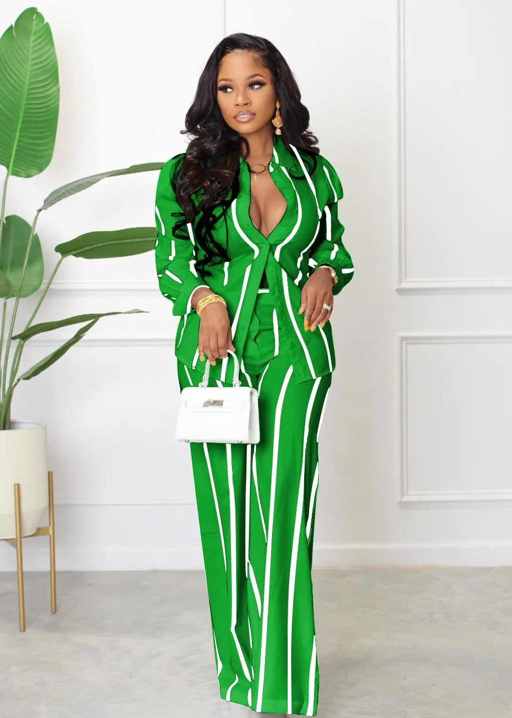 Elainone Women's 2 Piece Outfits Stripe Long Sleeve Button Down Shirt Wide Leg Long Pants with Pockets