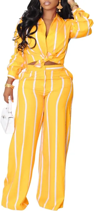 Elainone Women's 2 Piece Outfits Stripe Long Sleeve Button Down Shirt Wide Leg Long Pants with Pockets