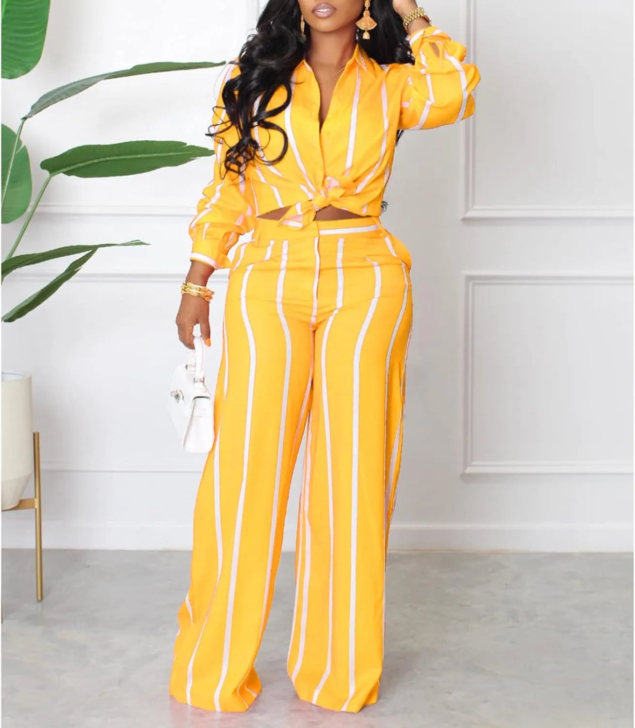 Elainone Women's 2 Piece Outfits Stripe Long Sleeve Button Down Shirt Wide Leg Long Pants with Pockets