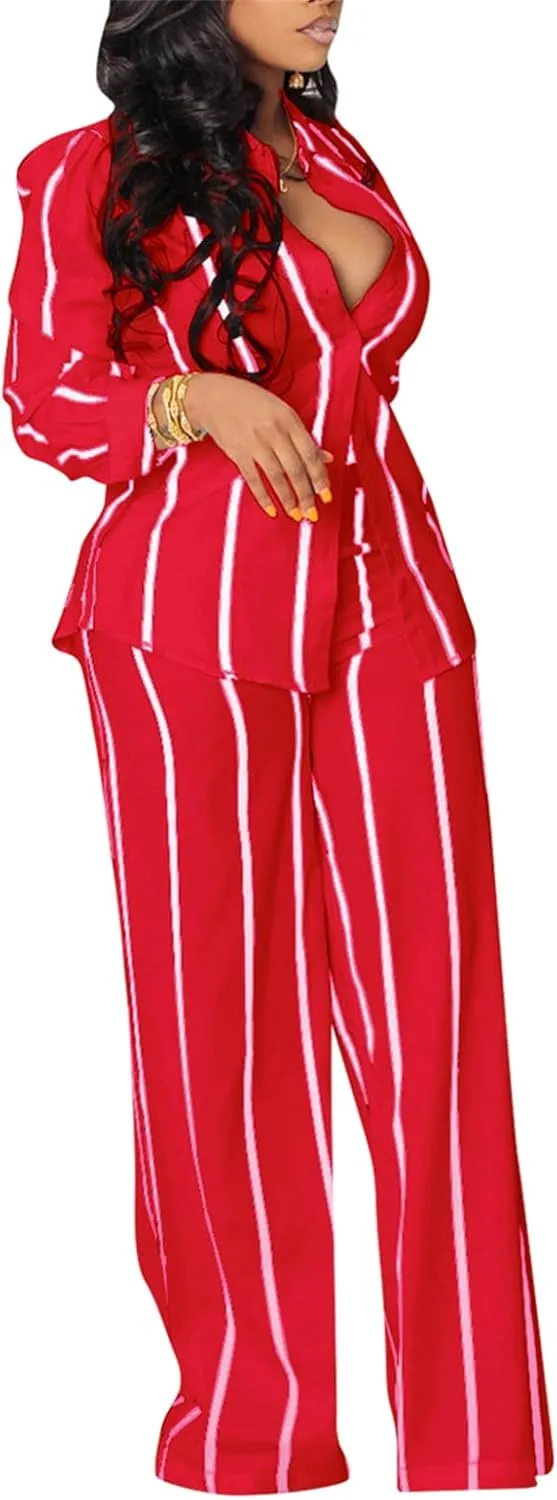 Elainone Women's 2 Piece Outfits Stripe Long Sleeve Button Down Shirt Wide Leg Long Pants with Pockets