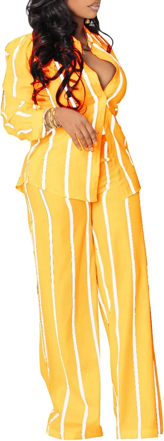 Elainone Women's 2 Piece Outfits Stripe Long Sleeve Button Down Shirt Wide Leg Long Pants with Pockets