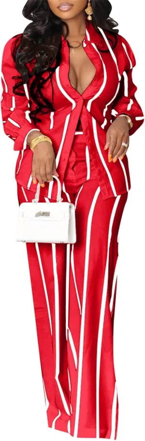 Elainone Women's 2 Piece Outfits Stripe Long Sleeve Button Down Shirt Wide Leg Long Pants with Pockets