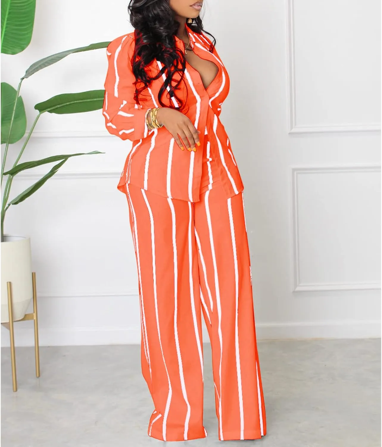 Elainone Women's 2 Piece Outfits Stripe Long Sleeve Button Down Shirt Wide Leg Long Pants with Pockets