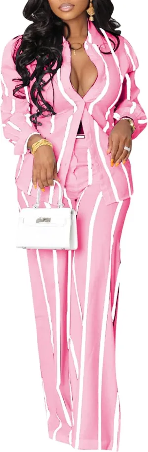 Elainone Women's 2 Piece Outfits Stripe Long Sleeve Button Down Shirt Wide Leg Long Pants with Pockets