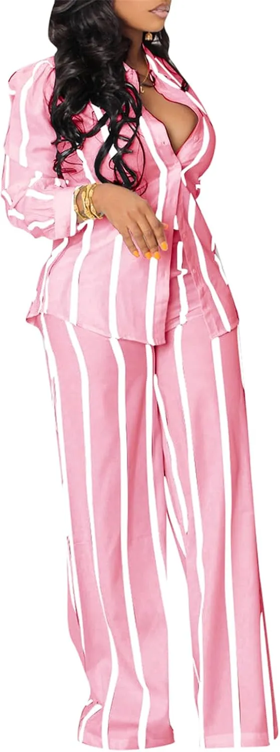 Elainone Women's 2 Piece Outfits Stripe Long Sleeve Button Down Shirt Wide Leg Long Pants with Pockets