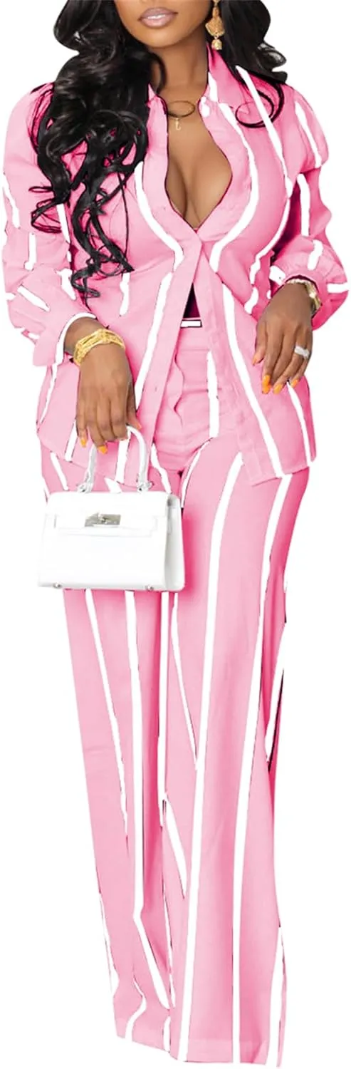 Elainone Women's 2 Piece Outfits Stripe Long Sleeve Button Down Shirt Wide Leg Long Pants with Pockets