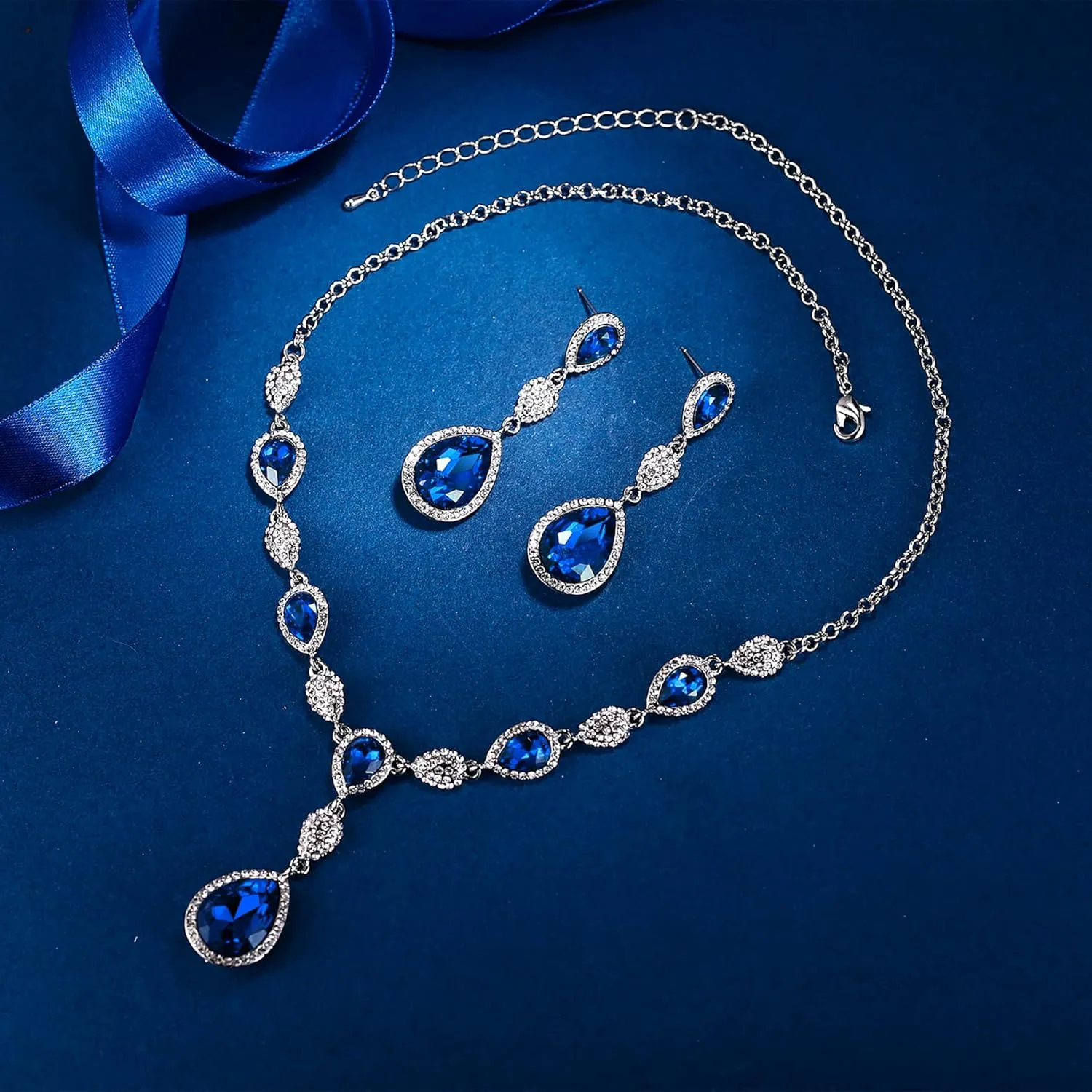 EleQueen Women's Cubic Zirconia Teardrop Y-Necklaces Dangle Earrings Jewelry Sets for Brides Bridesmaids