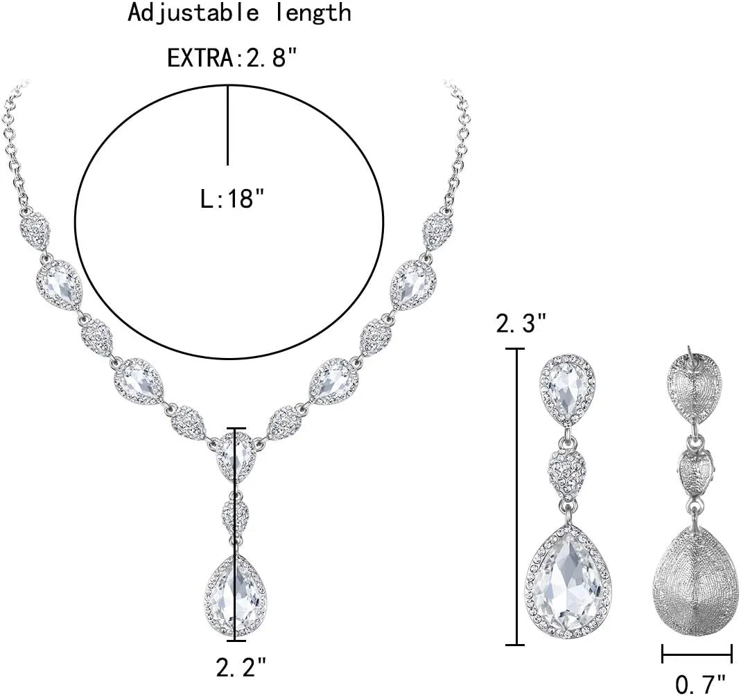 EleQueen Women's Cubic Zirconia Teardrop Y-Necklaces Dangle Earrings Jewelry Sets for Brides Bridesmaids