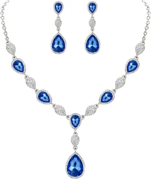 EleQueen Women's Cubic Zirconia Teardrop Y-Necklaces Dangle Earrings Jewelry Sets for Brides Bridesmaids