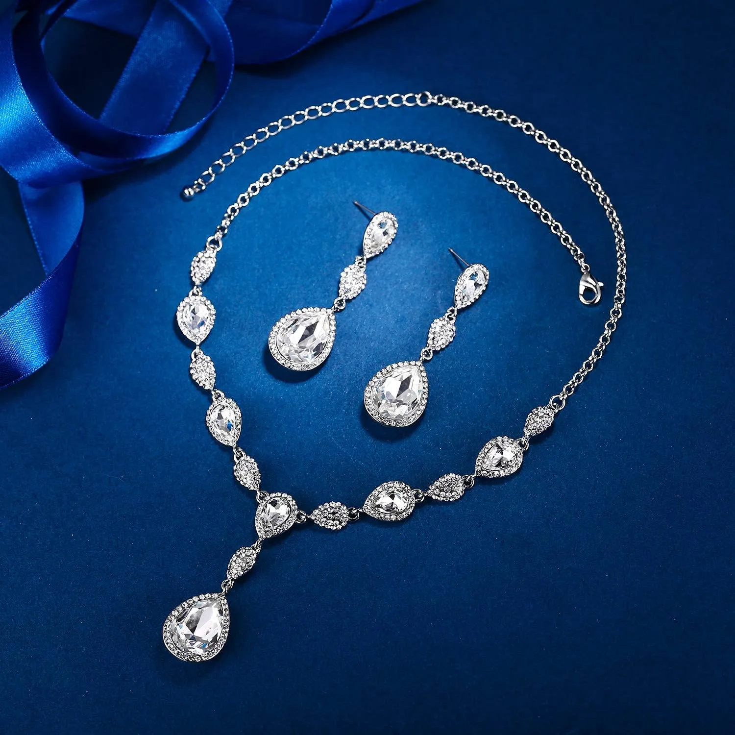 EleQueen Women's Cubic Zirconia Teardrop Y-Necklaces Dangle Earrings Jewelry Sets for Brides Bridesmaids