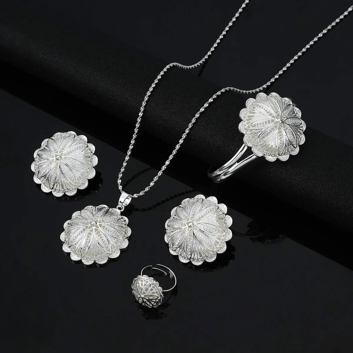 Ethiopian Jewelry Sets Pendant Necklaces Earrings Ring Bangles for Womens Gold Color Eritrean African Bride Gifts