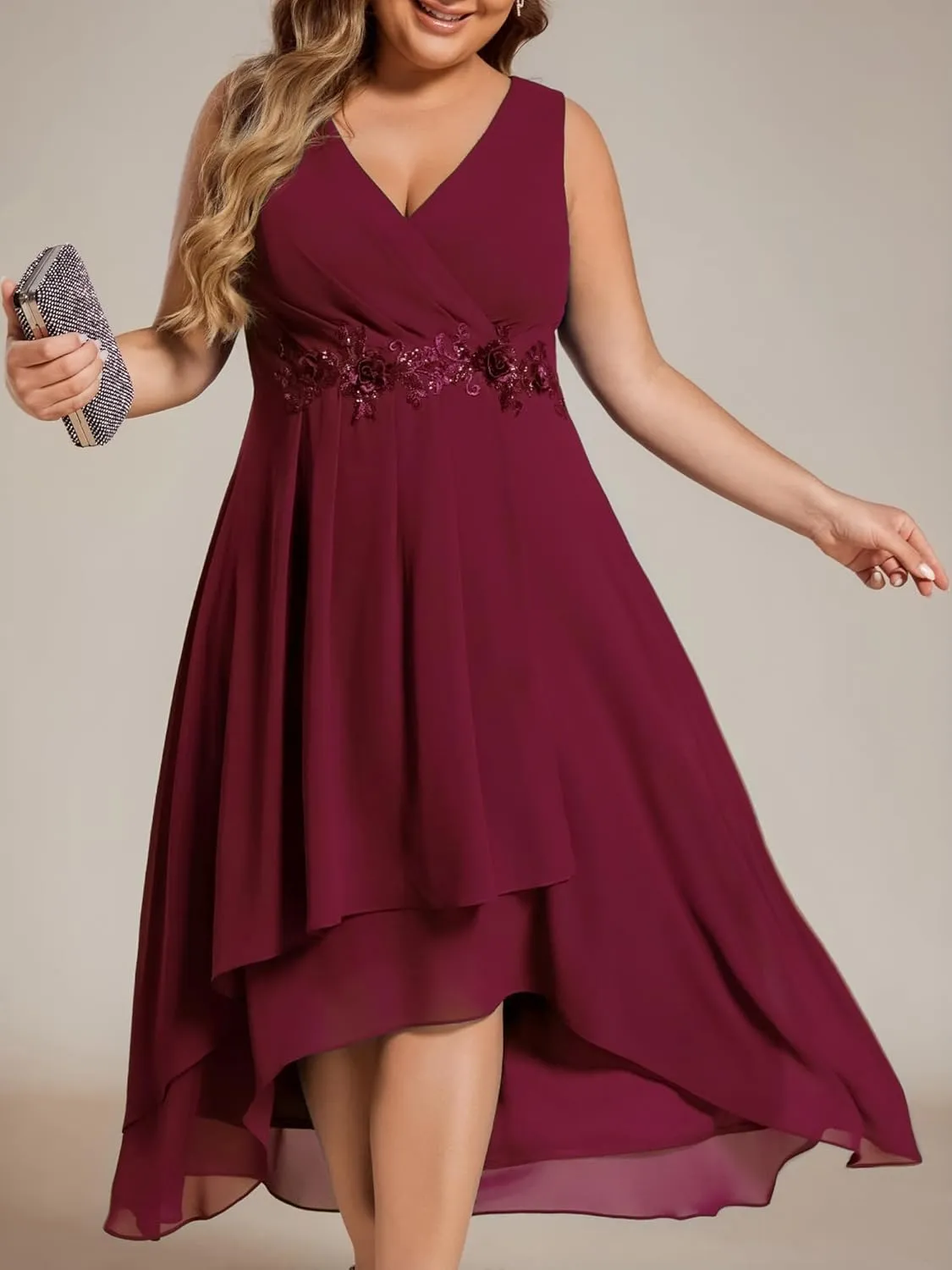 Ever-Pretty Plus Women's V Neck Applique Chiffon Pleated Sleeveless Midi Plus Size Cocktail Party Dresses