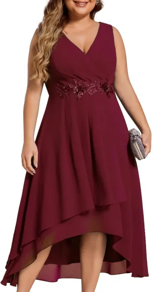Ever-Pretty Plus Women's V Neck Applique Chiffon Pleated Sleeveless Midi Plus Size Cocktail Party Dresses