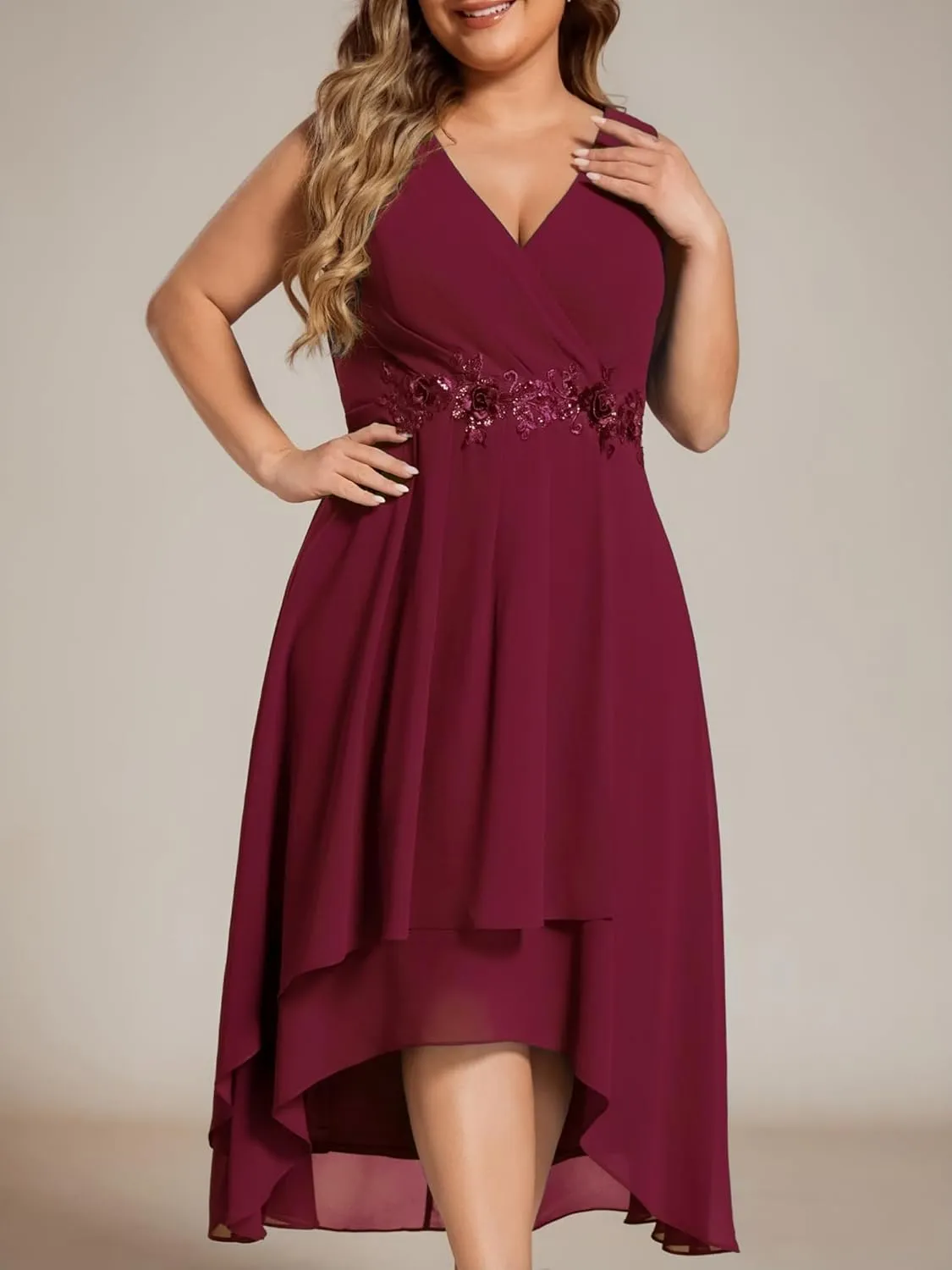 Ever-Pretty Plus Women's V Neck Applique Chiffon Pleated Sleeveless Midi Plus Size Cocktail Party Dresses