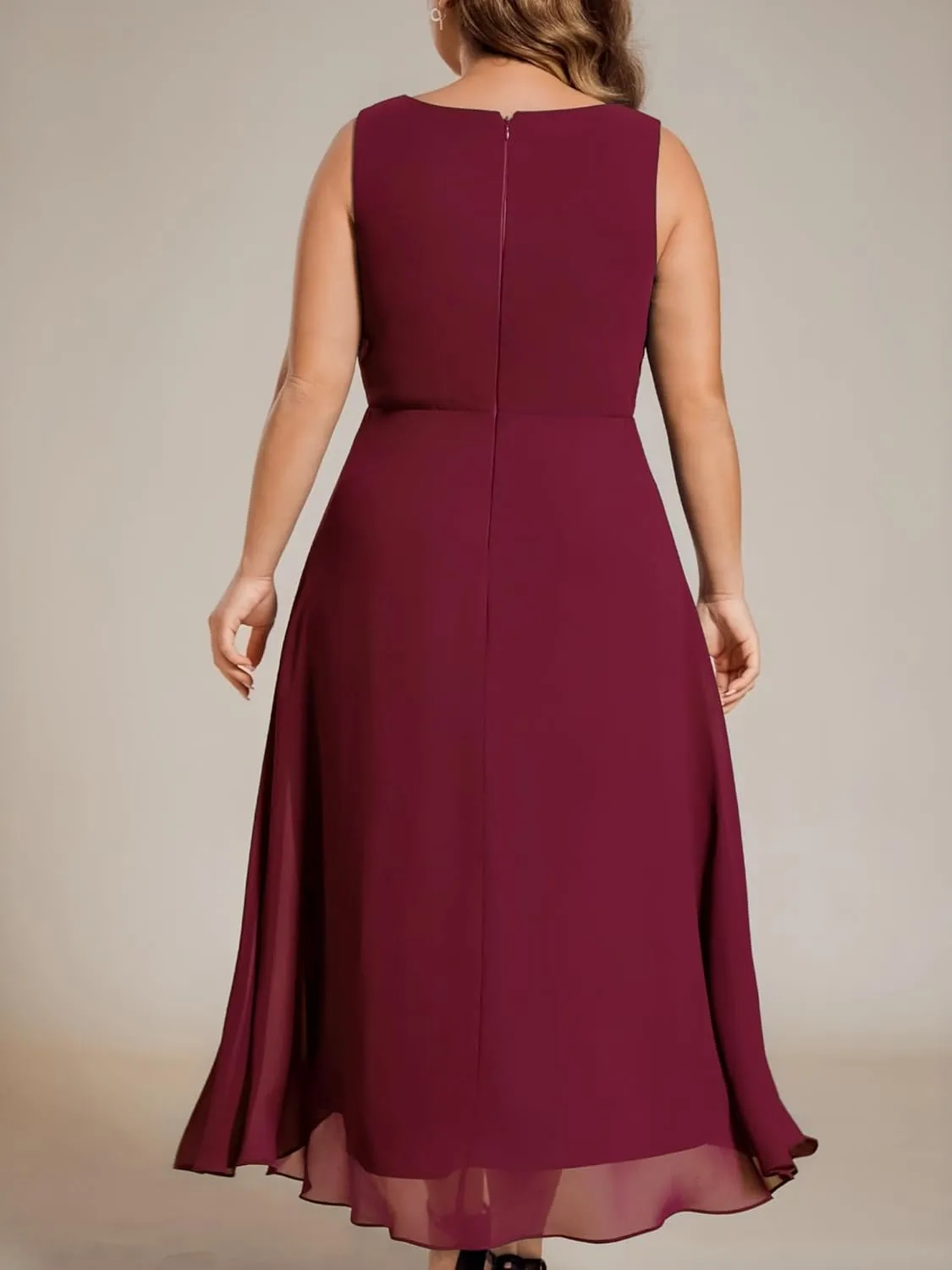 Ever-Pretty Plus Women's V Neck Applique Chiffon Pleated Sleeveless Midi Plus Size Cocktail Party Dresses