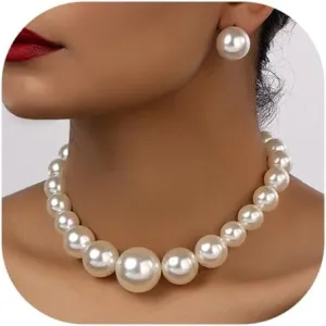 Faux Pearls Beaded Necklaces - Stackable Layered Choker Necklace - Large Pearl Statement Necklace - Bridal Wedding Party Jewelry Gift