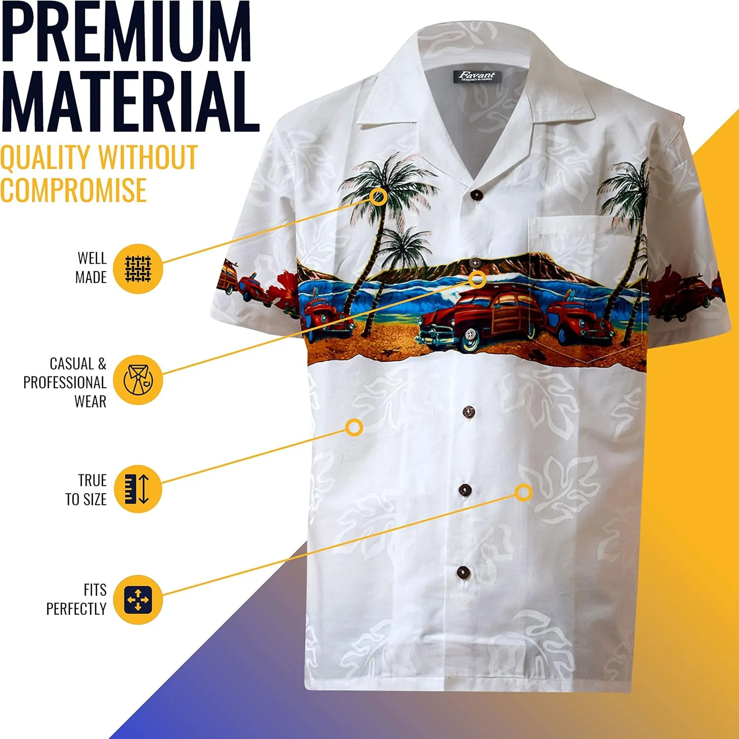 Favant Hawaiian Shirts - Woodie Cars Comfortable Hawaiian Beach Shirt for Men. Lightweight Quick Dry Mens Hawaiian Shirts