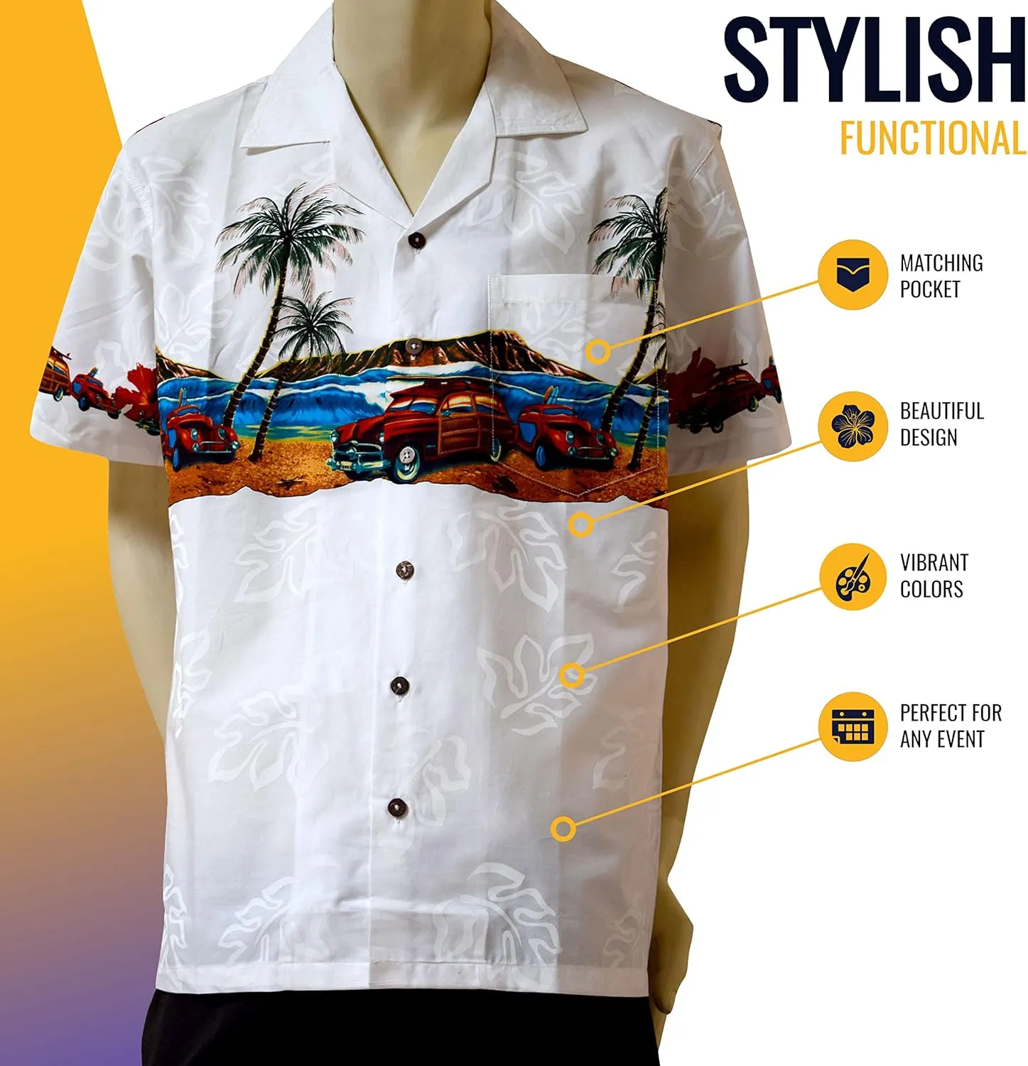 Favant Hawaiian Shirts - Woodie Cars Comfortable Hawaiian Beach Shirt for Men. Lightweight Quick Dry Mens Hawaiian Shirts