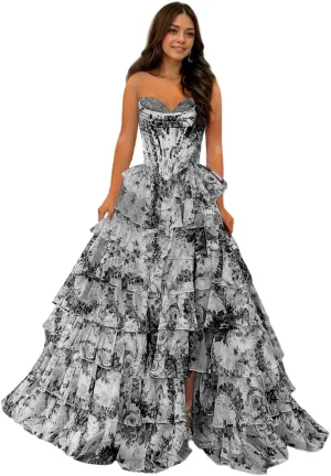 Floral Print Prom Dresses for Women 2025 Strapless Tiered Chiffon Long Ball Gowns with Slit Ruffles Evening Dresses
