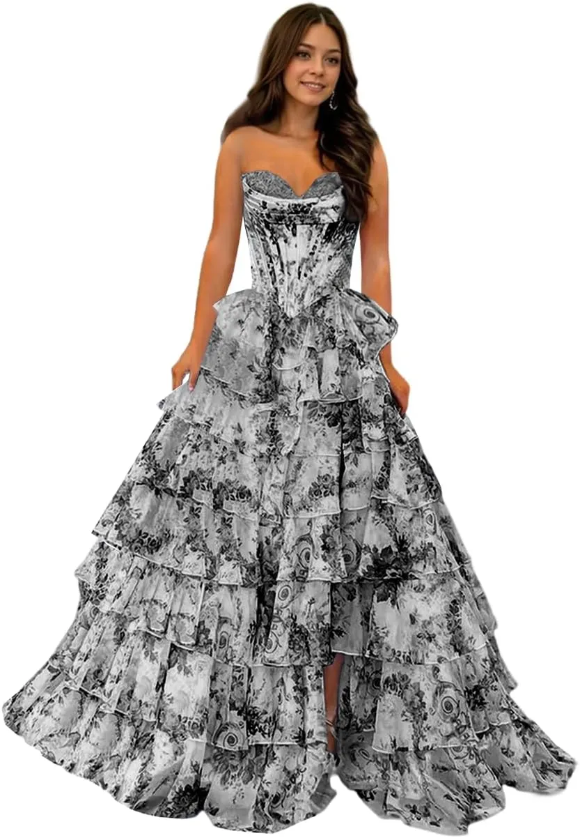 Floral Print Prom Dresses for Women 2025 Strapless Tiered Chiffon Long Ball Gowns with Slit Ruffles Evening Dresses