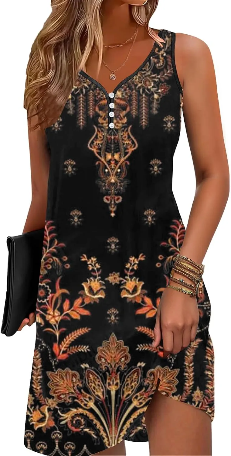 Floral Printed Summer Dresses A-Line Elegant Dress Womens Vintage Sleeveless Beach Sundress