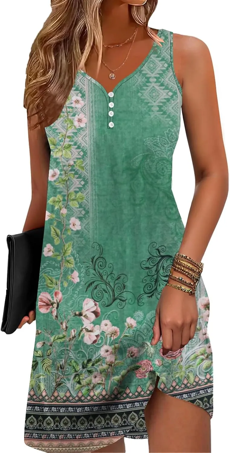Floral Printed Summer Dresses A-Line Elegant Dress Womens Vintage Sleeveless Beach Sundress