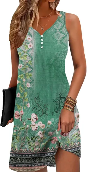 Floral Printed Summer Dresses A-Line Elegant Dress Womens Vintage Sleeveless Beach Sundress