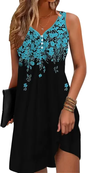 Floral Printed Summer Dresses A-Line Elegant Dress Womens Vintage Sleeveless Beach Sundress
