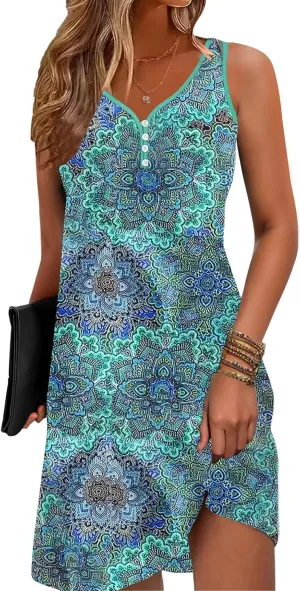 Floral Printed Summer Dresses A-Line Elegant Dress Womens Vintage Sleeveless Beach Sundress