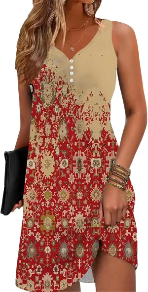 Floral Printed Summer Dresses A-Line Elegant Dress Womens Vintage Sleeveless Beach Sundress