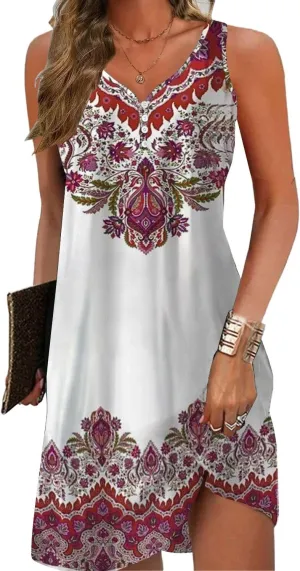 Floral Printed Summer Dresses A-Line Elegant Dress Womens Vintage Sleeveless Beach Sundress