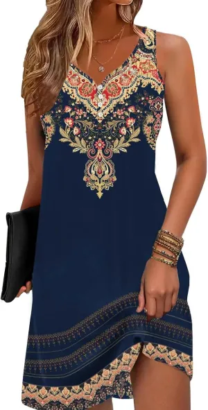 Floral Printed Summer Dresses A-Line Elegant Dress Womens Vintage Sleeveless Beach Sundress
