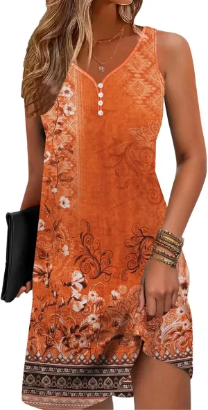 Floral Printed Summer Dresses A-Line Elegant Dress Womens Vintage Sleeveless Beach Sundress