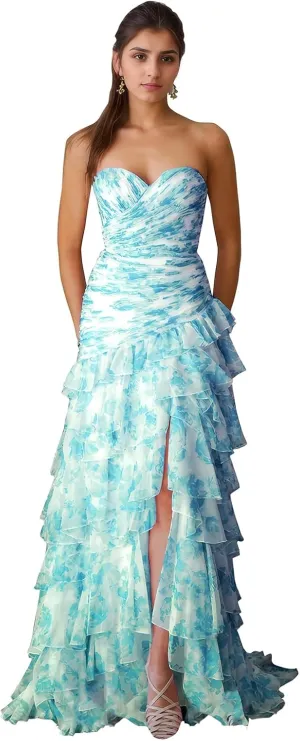 Floral Prom Dresses Sweetheart Tiered Ball Gown A-Line Long Strapless Formal Evening Party Dress for Women